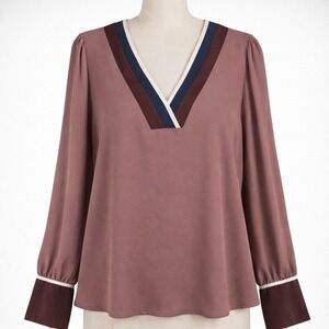 Express Long Sleeve Colorblock V Neck‎ Top Size L Pink Mauve Boho Classic Career